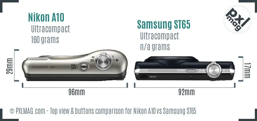 Nikon A10 vs Samsung ST65 top view buttons comparison