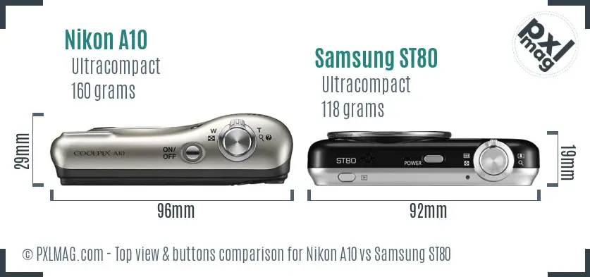 Nikon A10 vs Samsung ST80 top view buttons comparison