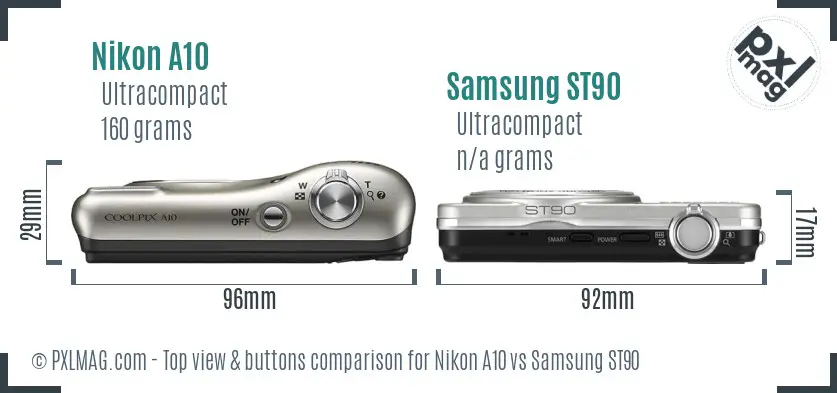 Nikon A10 vs Samsung ST90 top view buttons comparison