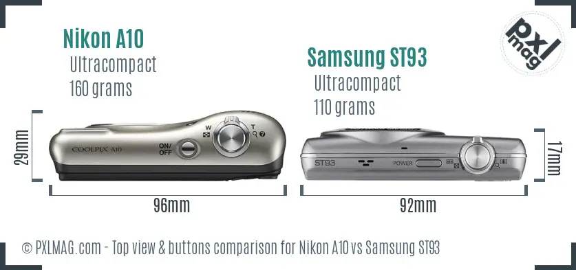 Nikon A10 vs Samsung ST93 top view buttons comparison