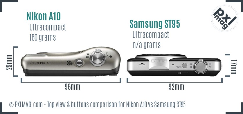 Nikon A10 vs Samsung ST95 top view buttons comparison