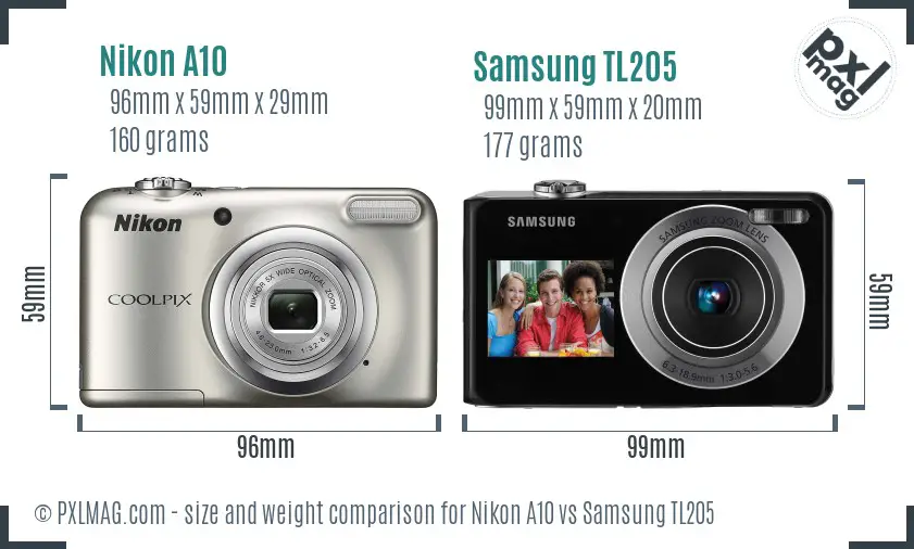 Nikon A10 vs Samsung TL205 size comparison