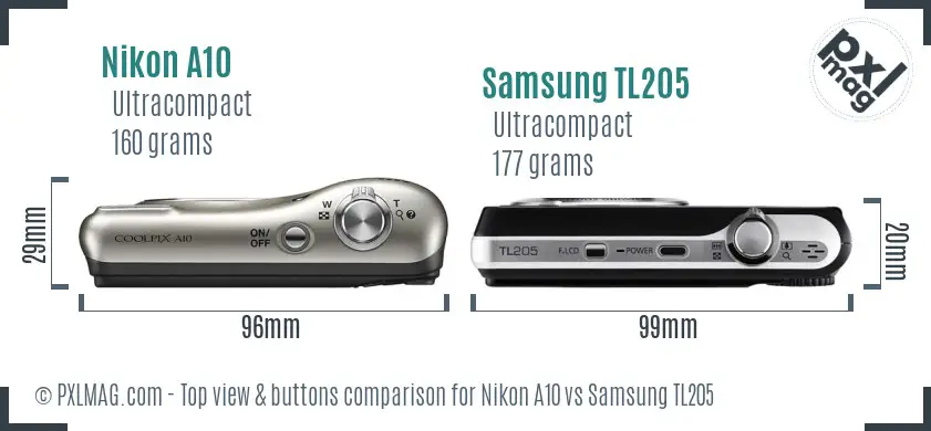 Nikon A10 vs Samsung TL205 top view buttons comparison