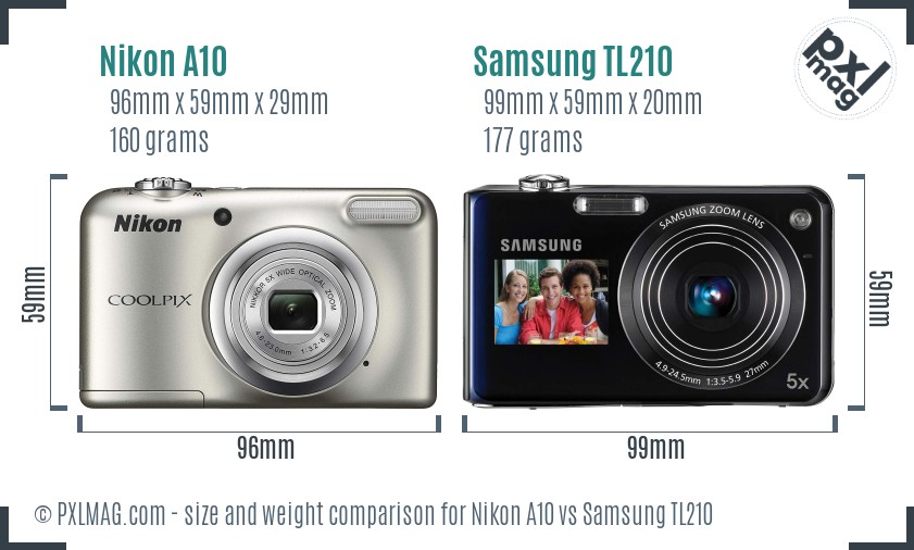 Nikon A10 vs Samsung TL210 size comparison