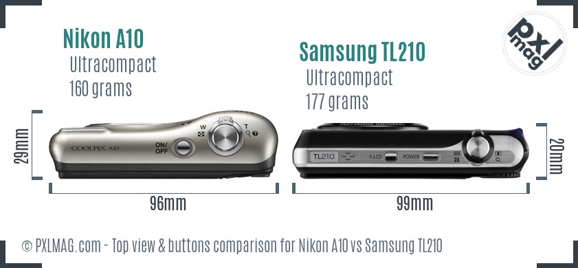 Nikon A10 vs Samsung TL210 top view buttons comparison