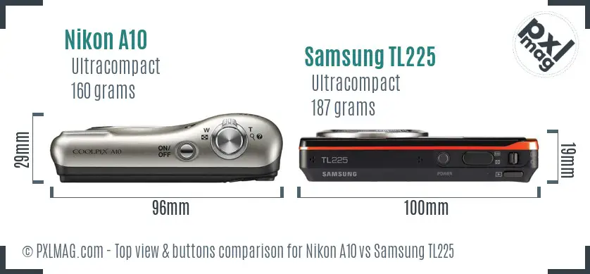 Nikon A10 vs Samsung TL225 top view buttons comparison