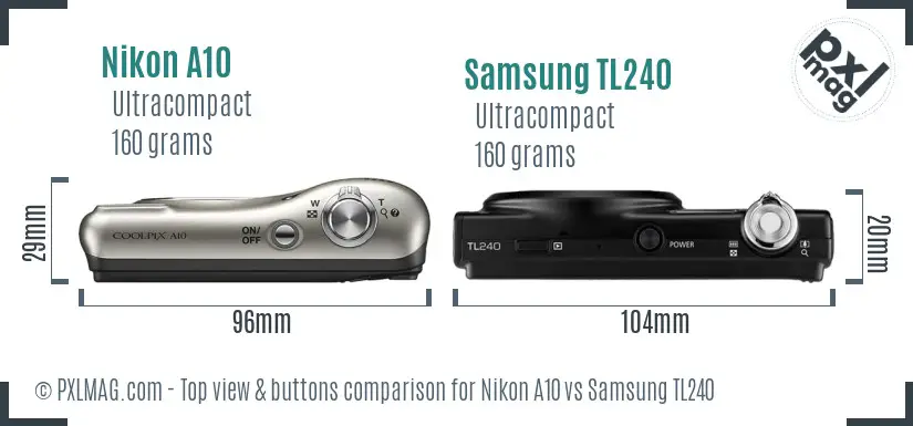 Nikon A10 vs Samsung TL240 top view buttons comparison