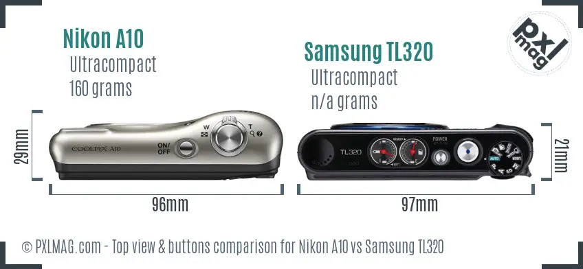 Nikon A10 vs Samsung TL320 top view buttons comparison