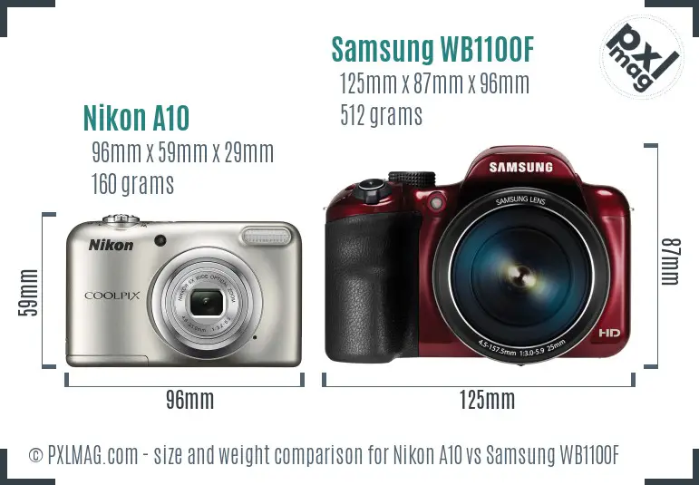 Nikon A10 vs Samsung WB1100F size comparison