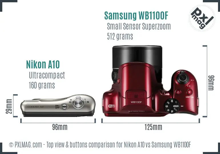 Nikon A10 vs Samsung WB1100F top view buttons comparison