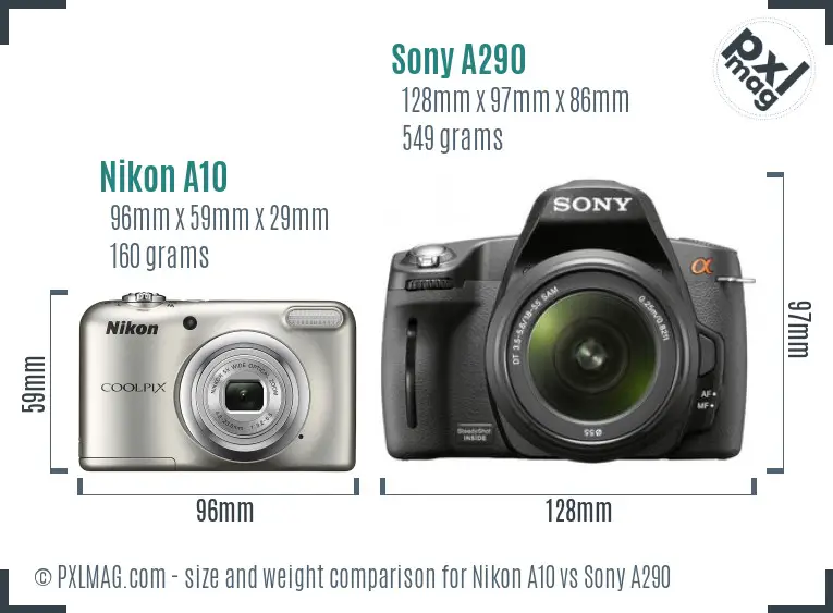Nikon A10 vs Sony A290 size comparison