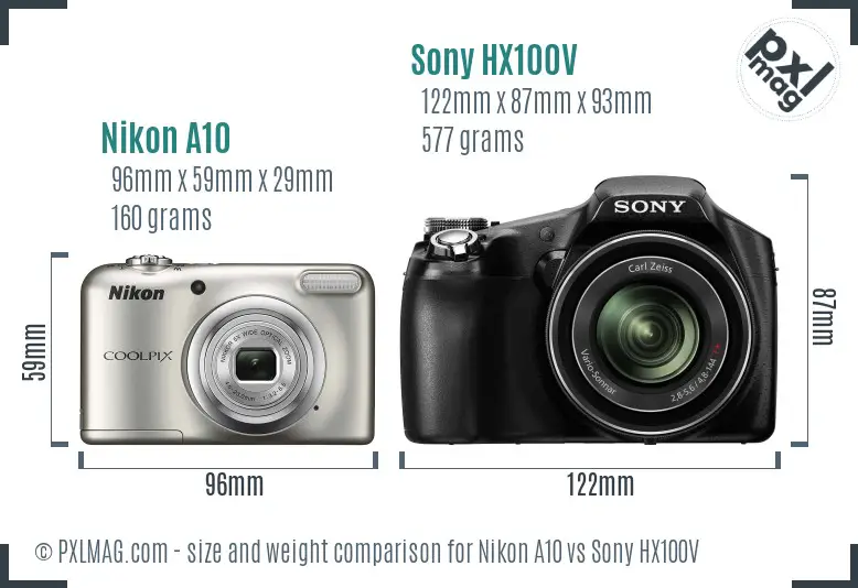 Nikon A10 vs Sony HX100V size comparison