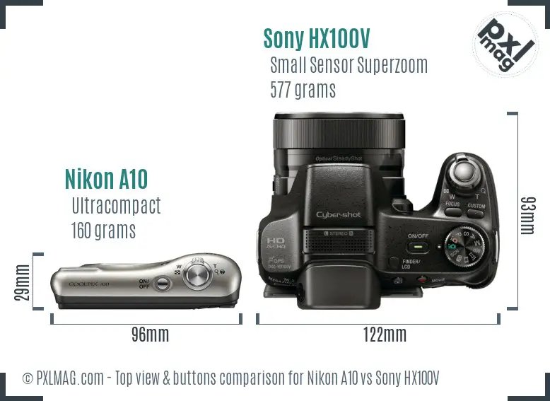 Nikon A10 vs Sony HX100V top view buttons comparison