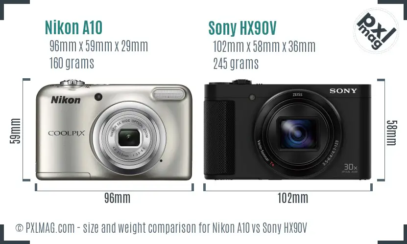 Nikon A10 vs Sony HX90V size comparison