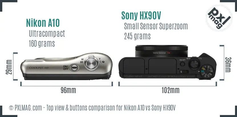 Nikon A10 vs Sony HX90V top view buttons comparison