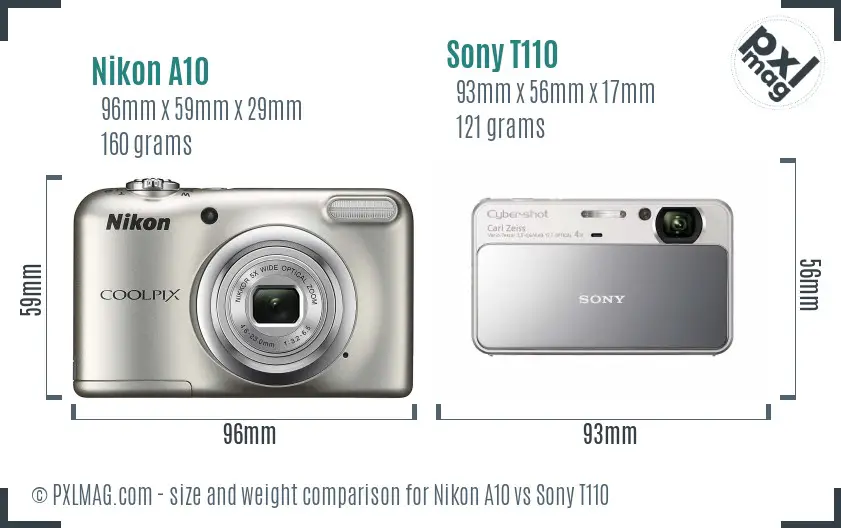 Nikon A10 vs Sony T110 size comparison