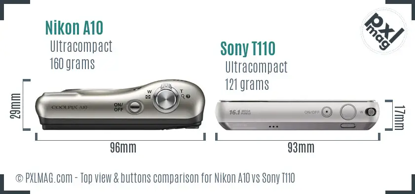 Nikon A10 vs Sony T110 top view buttons comparison