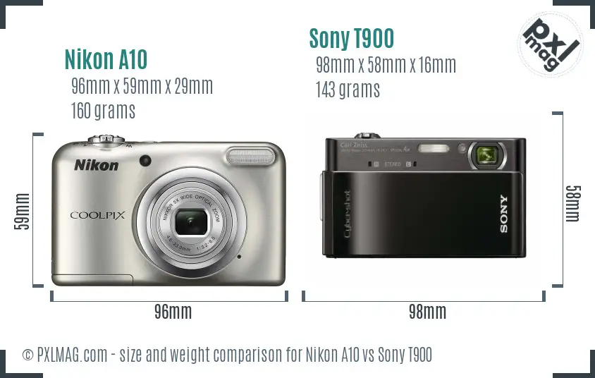 Nikon A10 vs Sony T900 size comparison