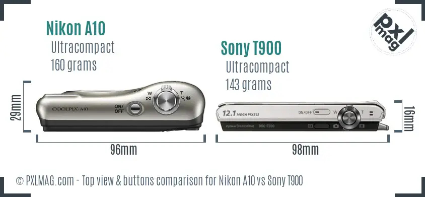 Nikon A10 vs Sony T900 top view buttons comparison