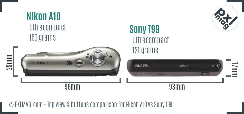 Nikon A10 vs Sony T99 top view buttons comparison