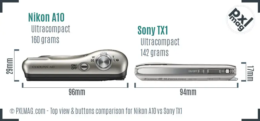Nikon A10 vs Sony TX1 top view buttons comparison