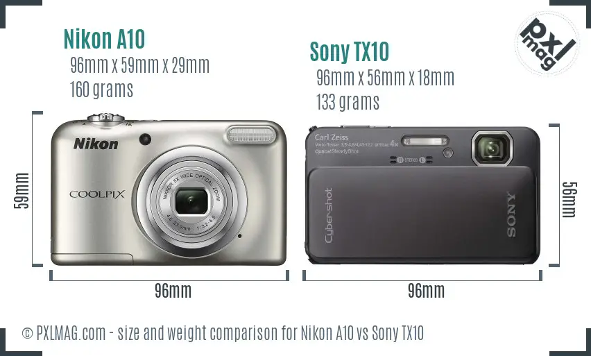 Nikon A10 vs Sony TX10 size comparison