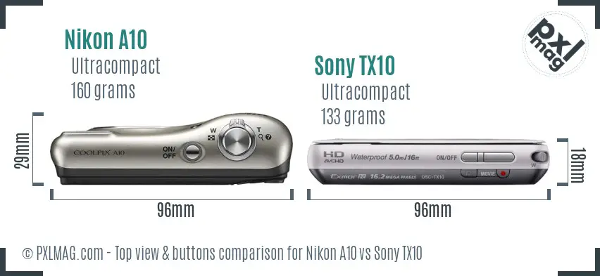 Nikon A10 vs Sony TX10 top view buttons comparison