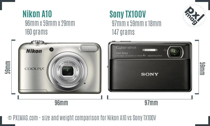 Nikon A10 vs Sony TX100V size comparison