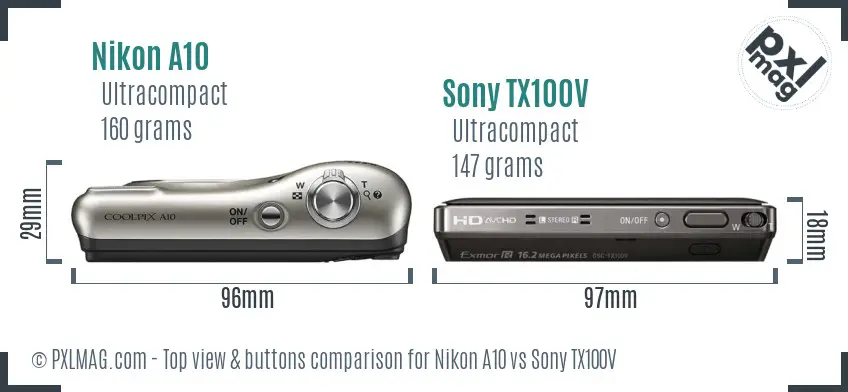 Nikon A10 vs Sony TX100V top view buttons comparison