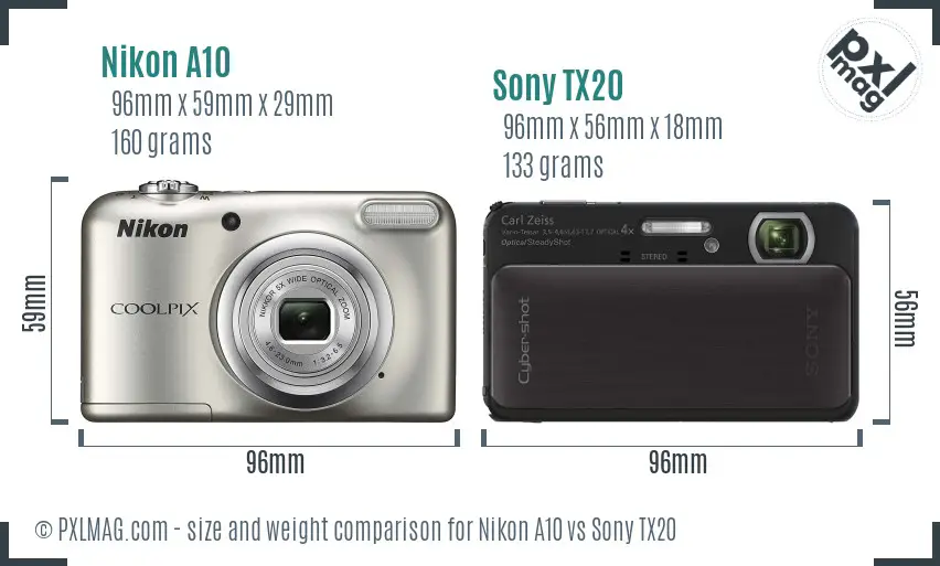 Nikon A10 vs Sony TX20 size comparison