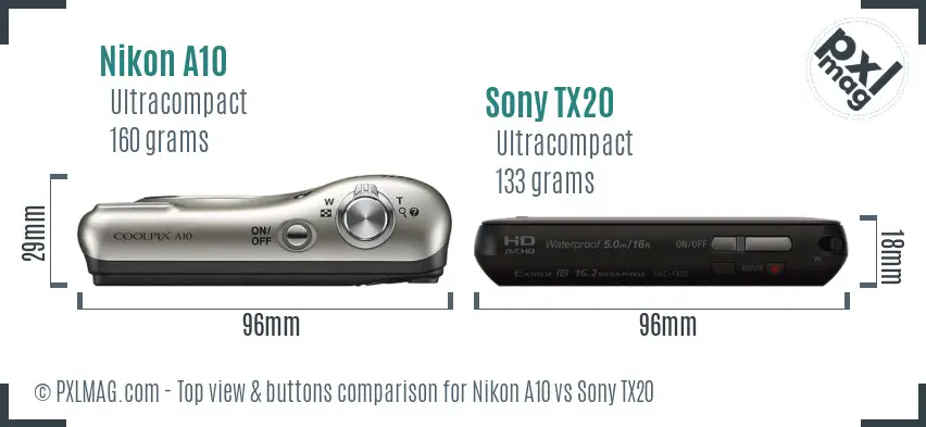 Nikon A10 vs Sony TX20 top view buttons comparison