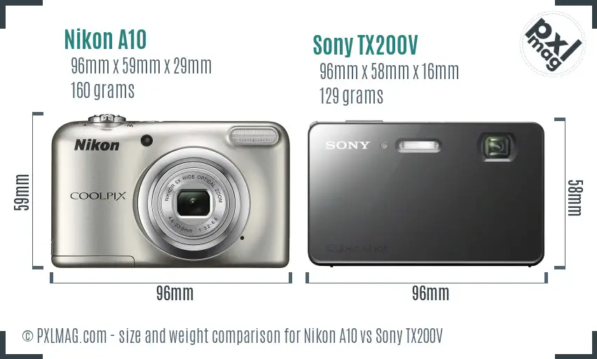 Nikon A10 vs Sony TX200V size comparison