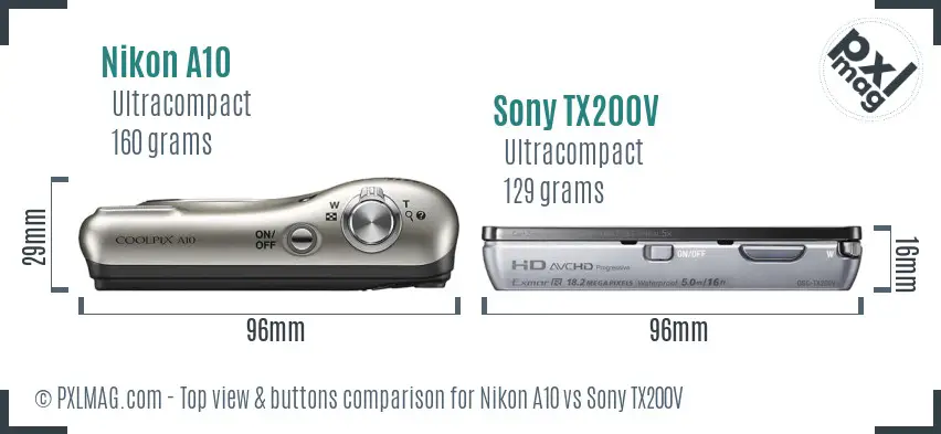 Nikon A10 vs Sony TX200V top view buttons comparison