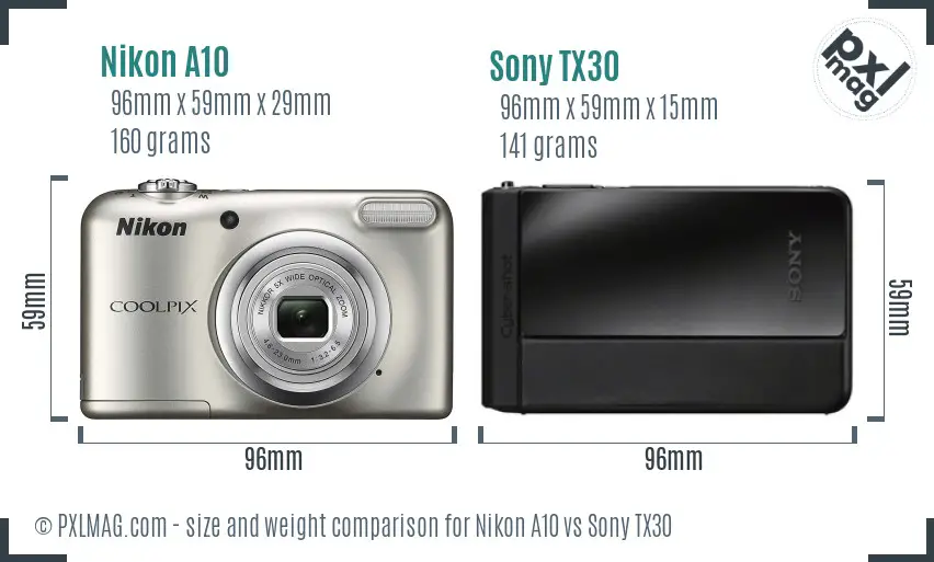Nikon A10 vs Sony TX30 size comparison