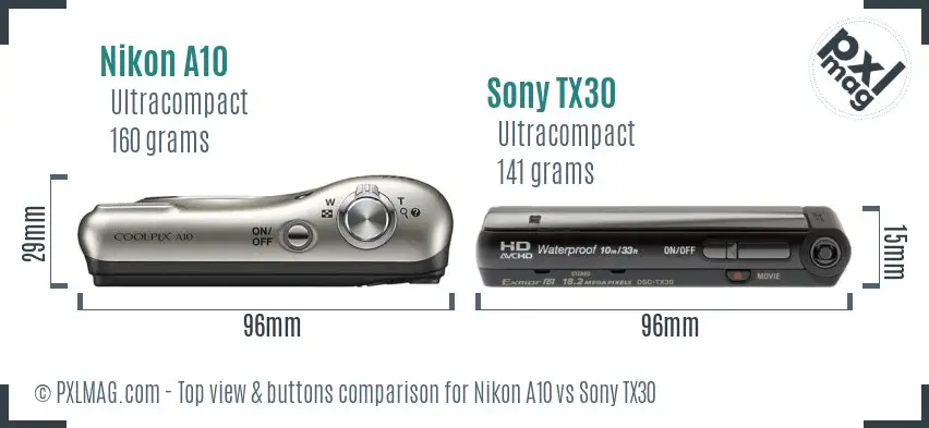 Nikon A10 vs Sony TX30 top view buttons comparison