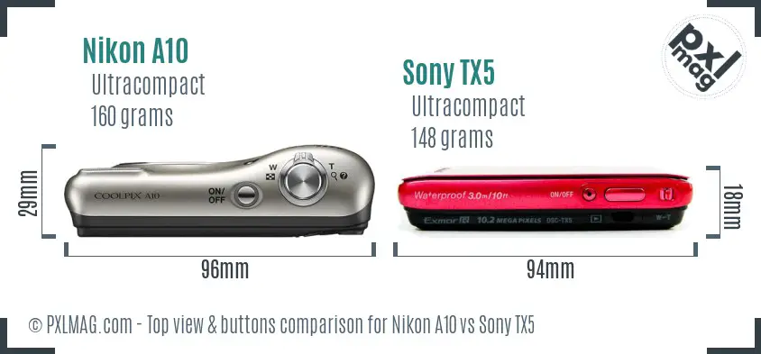 Nikon A10 vs Sony TX5 top view buttons comparison