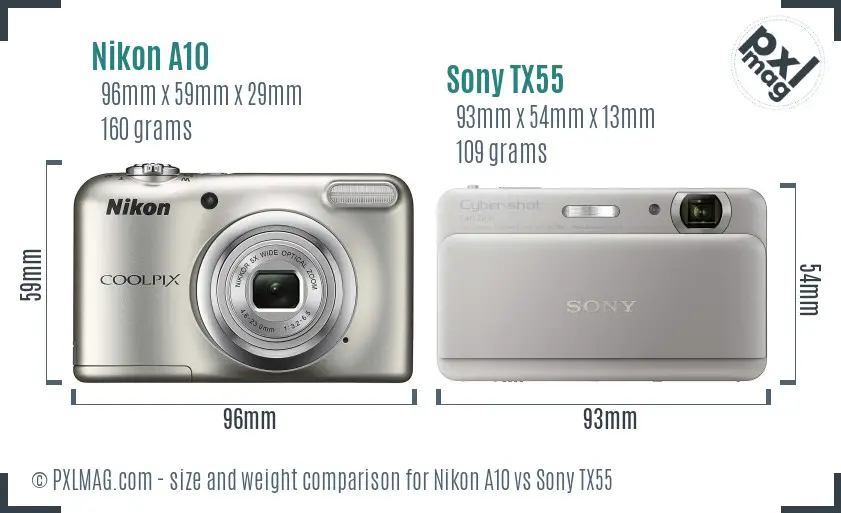 Nikon A10 vs Sony TX55 size comparison