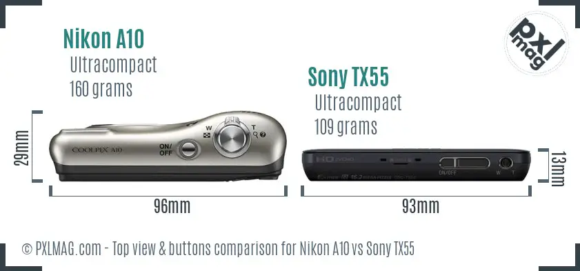 Nikon A10 vs Sony TX55 top view buttons comparison
