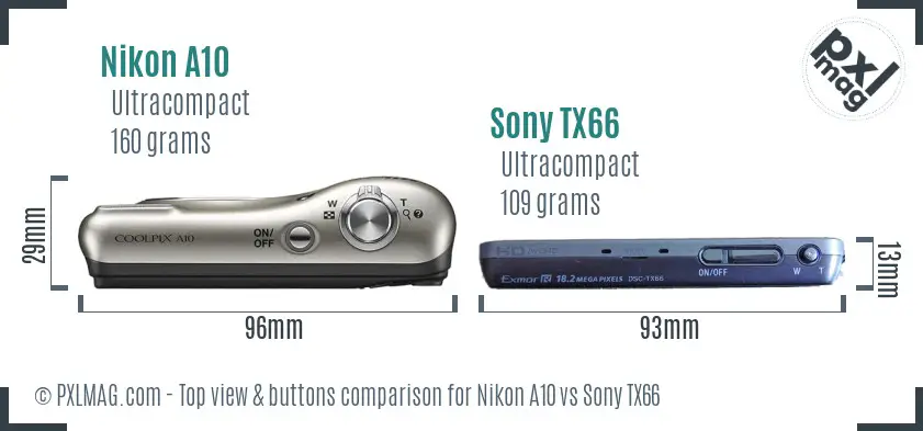 Nikon A10 vs Sony TX66 top view buttons comparison