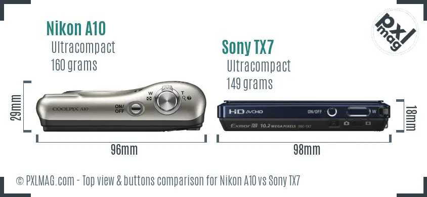 Nikon A10 vs Sony TX7 top view buttons comparison