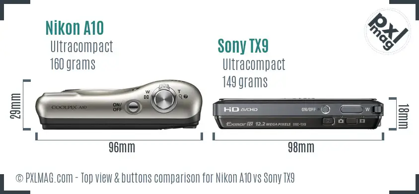 Nikon A10 vs Sony TX9 top view buttons comparison