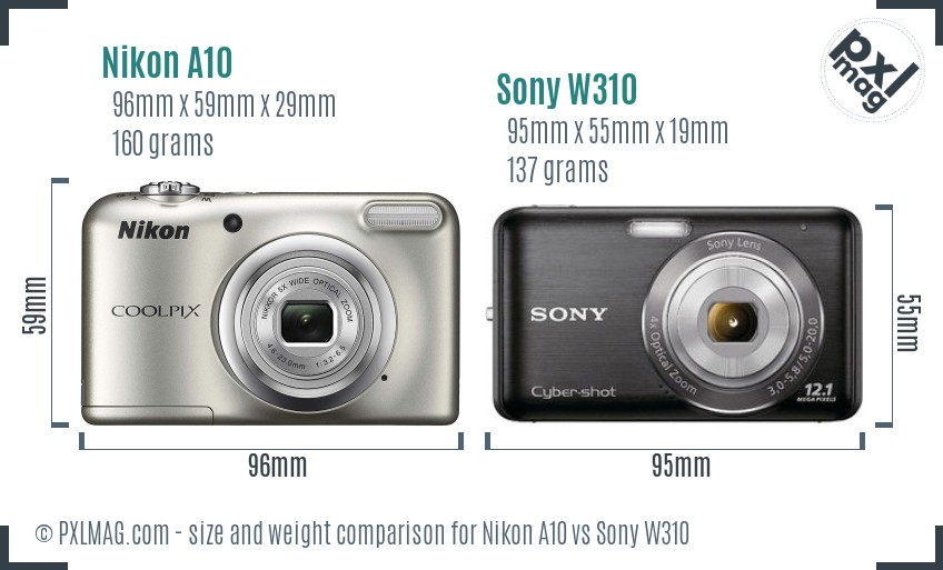 Nikon A10 vs Sony W310 size comparison