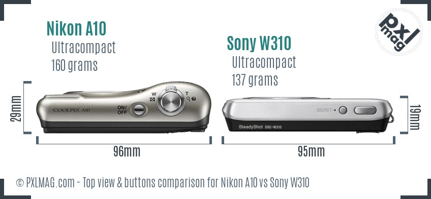 Nikon A10 vs Sony W310 top view buttons comparison