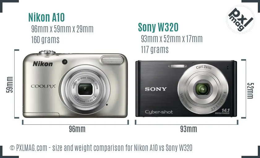 Nikon A10 vs Sony W320 size comparison