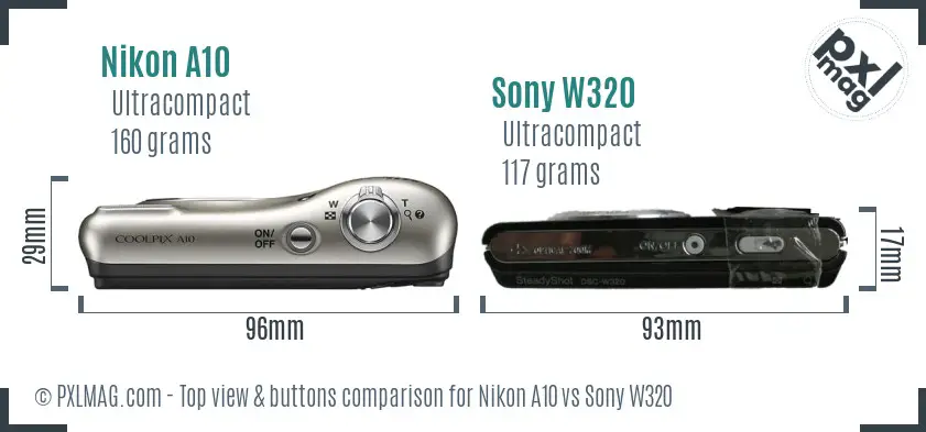 Nikon A10 vs Sony W320 top view buttons comparison