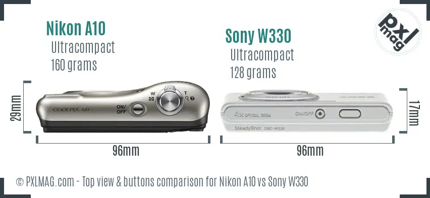 Nikon A10 vs Sony W330 top view buttons comparison Nikon A10 vs Sony W330 top view buttons comparison