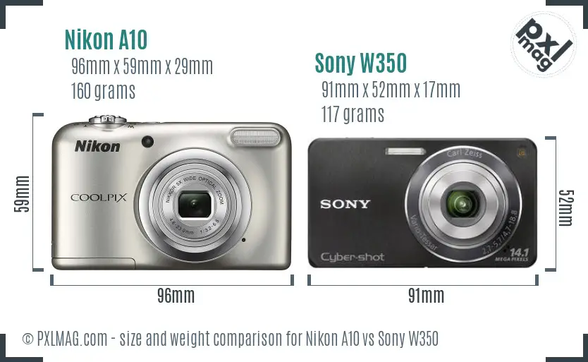 Nikon A10 vs Sony W350 size comparison