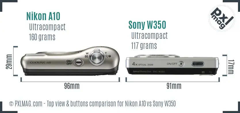 Nikon A10 vs Sony W350 top view buttons comparison