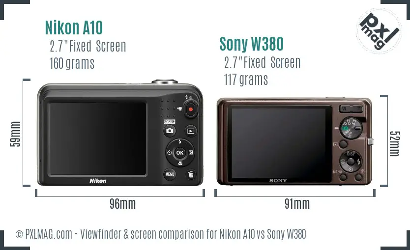 Nikon A10 vs Sony W380 Screen and Viewfinder comparison
