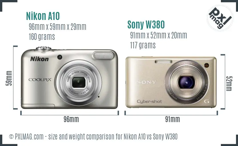 Nikon A10 vs Sony W380 size comparison